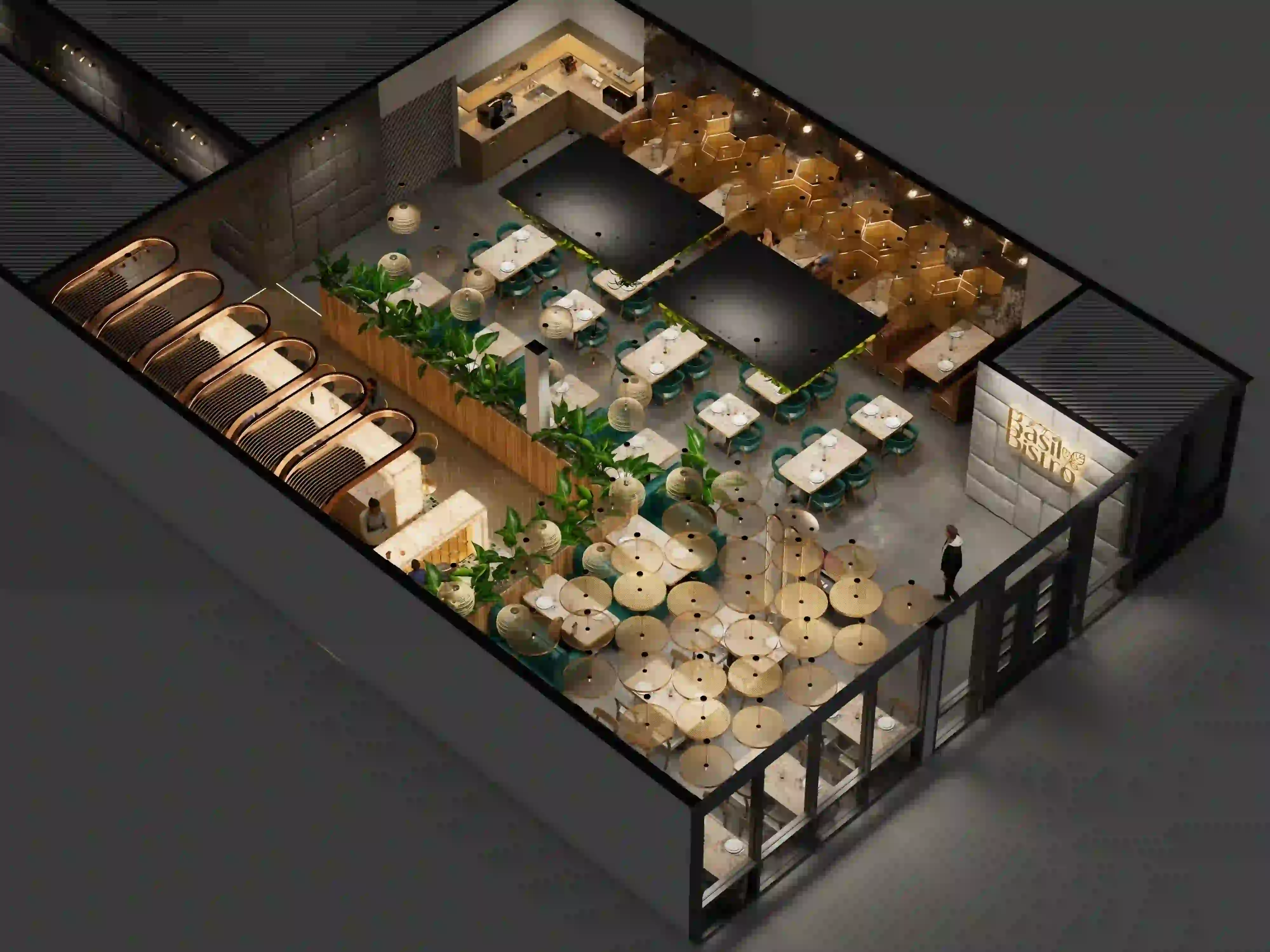 An overhead 3D model of a modern bistro's interior layout and floor plan.
