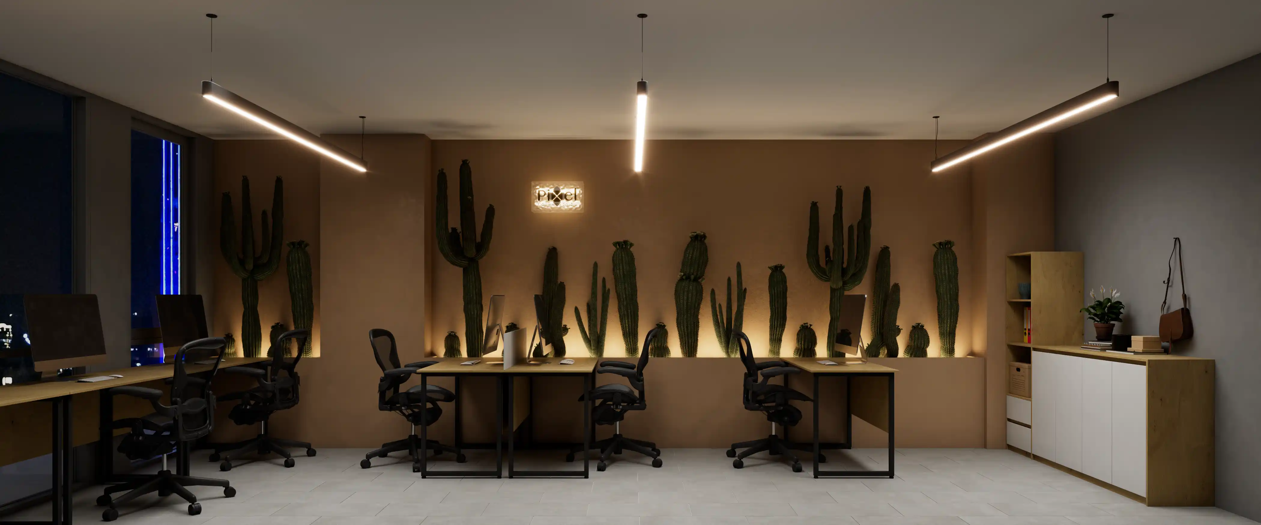 A modern office with earthy tones, black workstations, and a striking wall of decorative cacti.