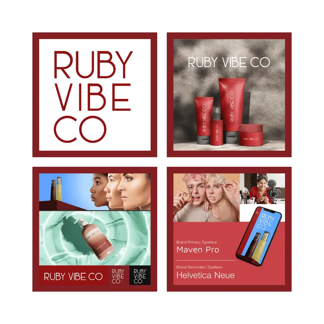 A brand identity grid for Ruby Vibe Co showing its logo, cosmetic products, typography, and models.
