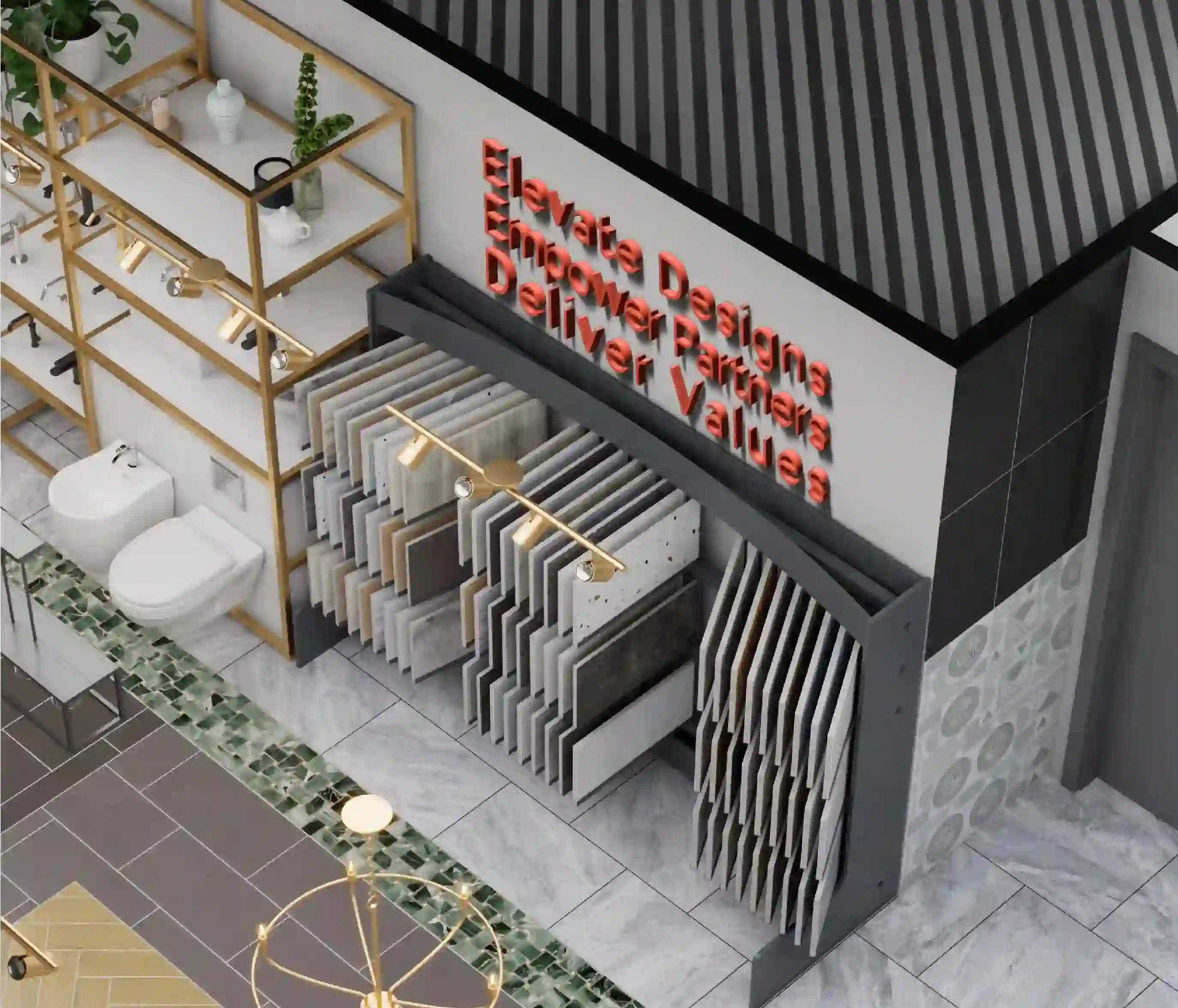 A 3D model of a tile showroom featuring sample racks and bathroom fixtures on display.